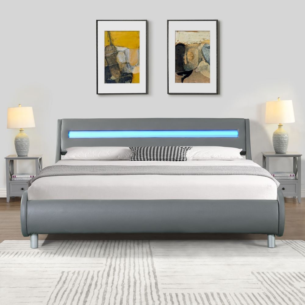 Faux Leather Upholstered Platform Bed Frame with led lighting , Curve Design, Wood Slat Support, No Box Spring Needed, Easy Assemble, Queen Size, Gray