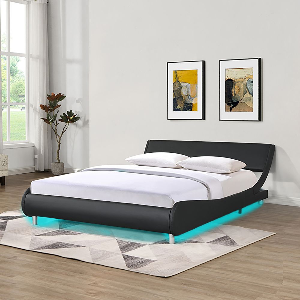 Faux Leather Upholstered Platform Bed Frame,LED lighting with remote controller and APP,Curve Design,Wood Slat Support,No Box Spring Needed,Easy Assemble,Queen Size,Black and White