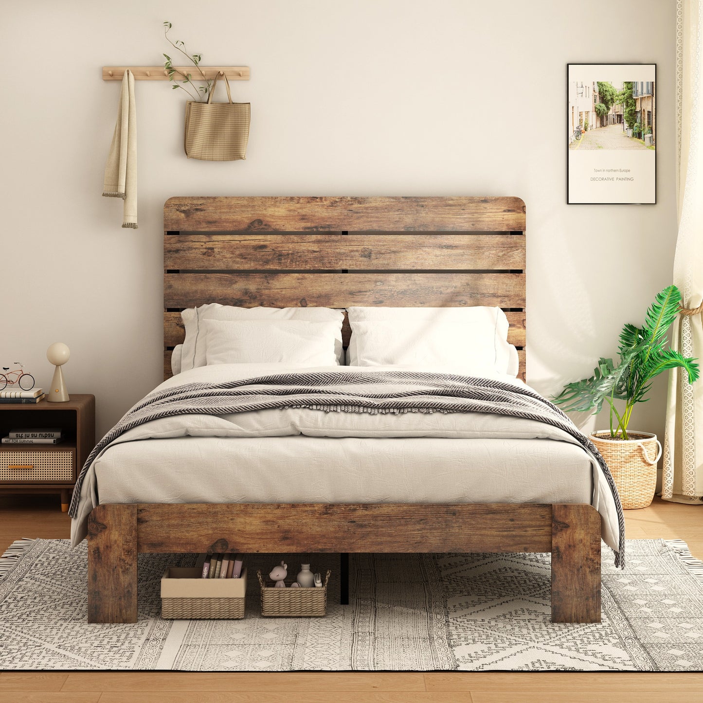 Bed Frame Queen Size, Wood Platform Bed Frame  , Noise Free,No Box Spring Needed and Easy Assembly Tool,Large Under Bed Storage,Dark Brown