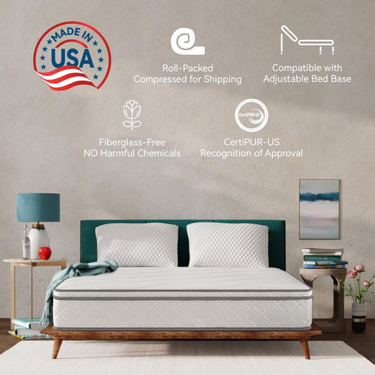 Queen Size Mattress,10 Inch Hybrid Mattress in a Box with Gel Memory Foam,Individually Wrapped Pocket Coils Innerspring for Breathable and Durable Support, Made in USA, CertiPUR-US Certified